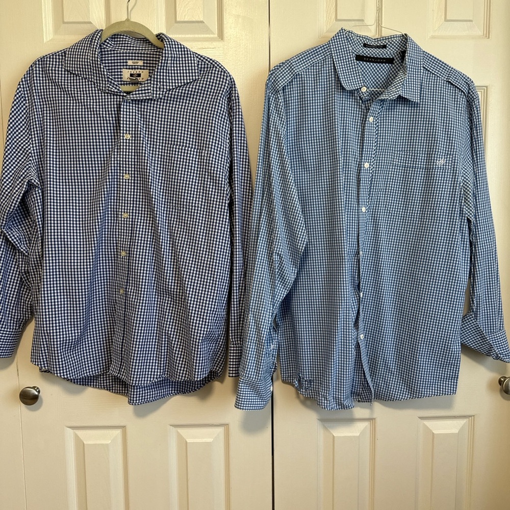 Bundle - Sean John & Joseph Abboud Blue Gingham Long-Sleeve Dress Shirts. 17.5